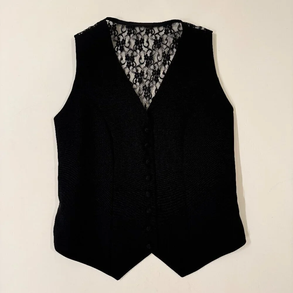 Lace Back Button Front Sleeveless Vest in Black - Picture 1 of 5